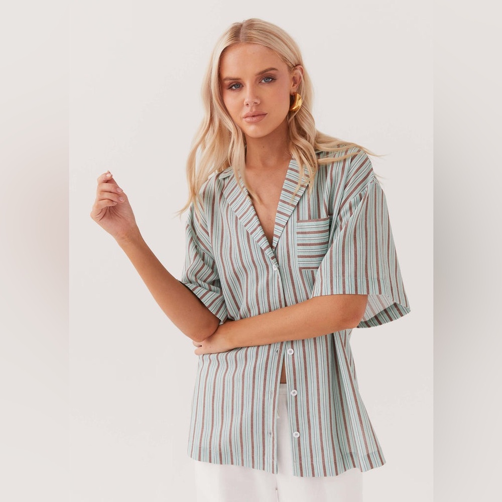 Peppermayo Darcie Oversized Linen Shirt in Coastal Stripe Size 6 New With Tag